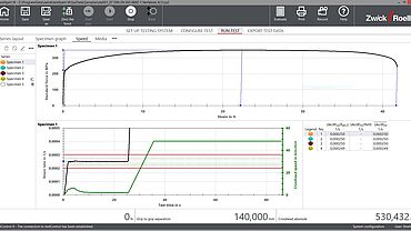 Captura de pantalla de testXpert para el control de la velocidad de deformación en bucle cerrado. Cumplimiento de la velocidad de deformación especificada en la norma ISO 6892-1