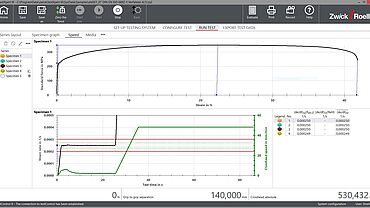 Kapalı bir döngüde gerinim hızı kontrolü için testXpert ekran görüntüsü. ISO 6892-1'e göre belirtilen gerinim oranına uygunluk