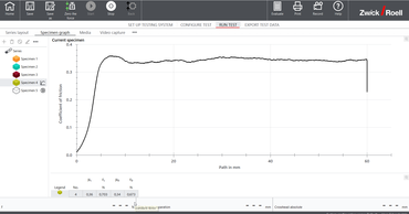 Captura de pantalla del software de ensayos testXpert: Secuencia de ensayo para determinar el coeficiente de fricción COF