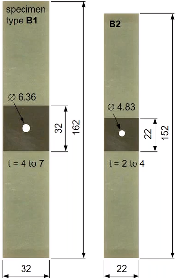 Amostra OHC tipo B1 e B2 para ensaios de open hole compression e filled hole compression conforme AITM-1-0008