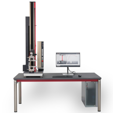 Testopstelling voor trektest op kunststof film volgens ISO 527-3 met zwickiLine testmachine, persluchtklemmen en testXpert testsoftware