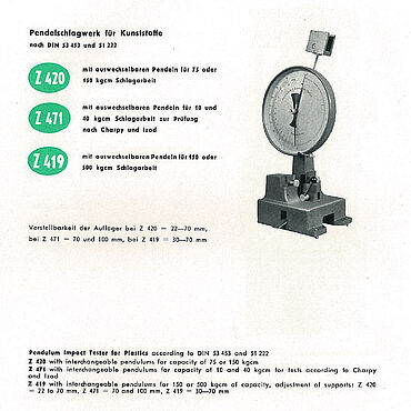 Zwick pendulum impact testers for plastics testing 1952