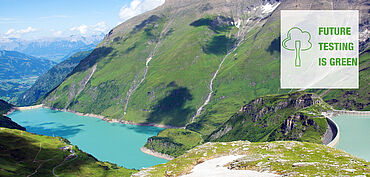 Berglandschaft und Bergsee als Symbol für die Nachhaltigkeit von ZwickRoell - ökologische, soziale und unternehmerische Verantwortung