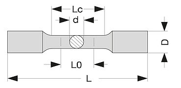 Schematische Darstellung einer Rundprobe als Legende für die Probenabmessungen nach ISO 6892-5 und ASTM E8/E8M Annex A1