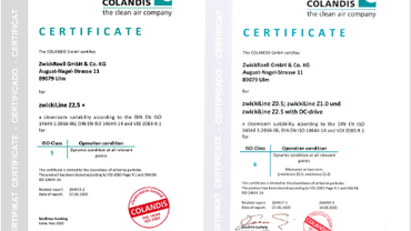 Сертификат пригодности к эксплуатации в стерильных помещениях согласно стандартам DIN EN ISO 14644 1:2016-06; DIN EN ISO 14644-14 и VDI 2083 стр. 9.1.