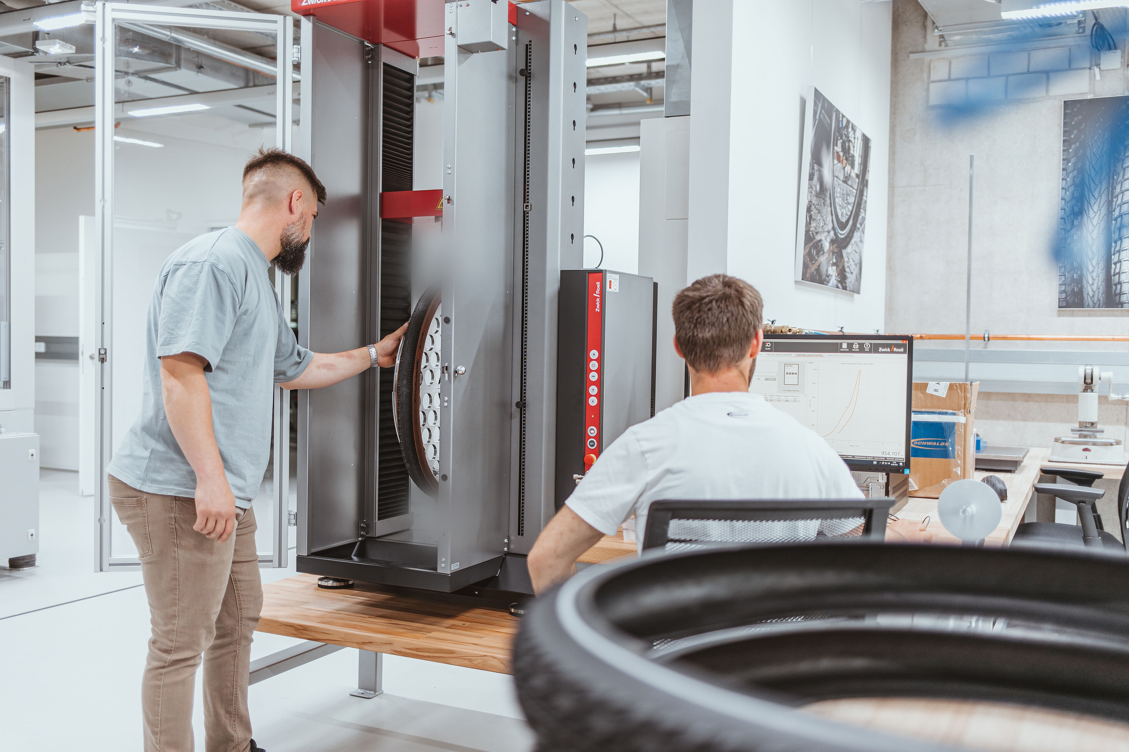 Test bench at Schwalbe with 30 kN ProLine materials testing machine from ZwickRoell