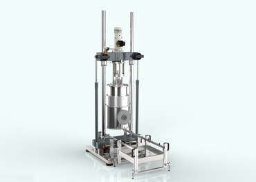 Prüfen mit Tieftemperaturtechnik: Rückansicht einer dynamischen ZwickRoell Materialprüfmaschine Fmax 100 kN mit einem LH2/LHe/LN2 Durchflusskryostaten ausgerüstet.
