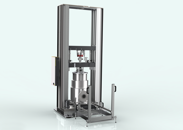 Prüfen mit Kryogenik: Rückansicht einer statischen ZwickRoell Materialprüfmaschine Fmax 100 kN mit einem LH2/LHe/LN2 Durchflusskryostat ausgerüstet.